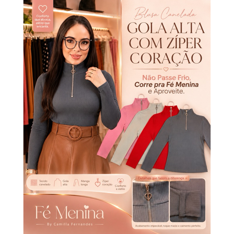 Blusa Femenina Gola Alata com Zíper Frontal de Frio Inverno Blusa Canelada Para Outono/Inverno Blusa Cacharrel