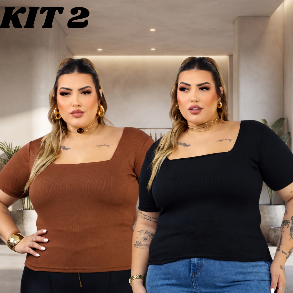 Kit 2 Blusa Feminina Plus Size Estilosa Elegante decote quadrado curve verão blusas curvy plus sise