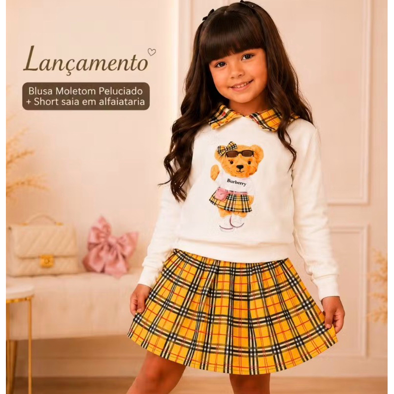Conjunto Infantil Menina Ursinha Xadrez Quentinho Moletom Flanelado + Short Saia blogueirinha