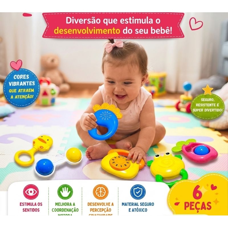 Brinquedo para Bebê com 3 ou 6 unidades  Kit Mordedor  com chocalho