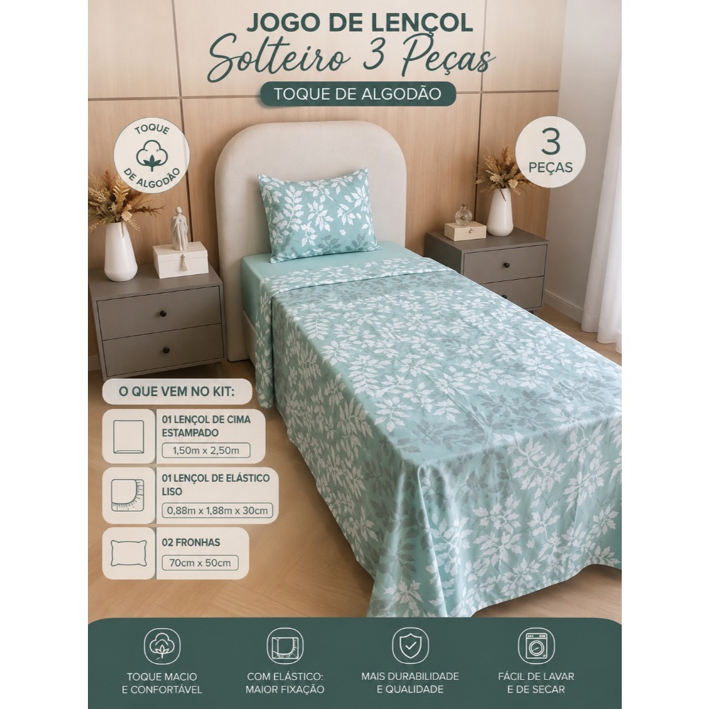 Jogo de Lençol Cama Solteiro Estampado 3PÇS, C/Elástico Micropercal 500fios, Toque de Algodão