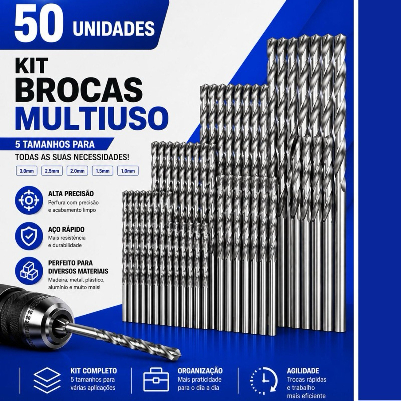 Jogo Kit 50 Mini Brocas de Aço Rápido Profissional de 1-3mm