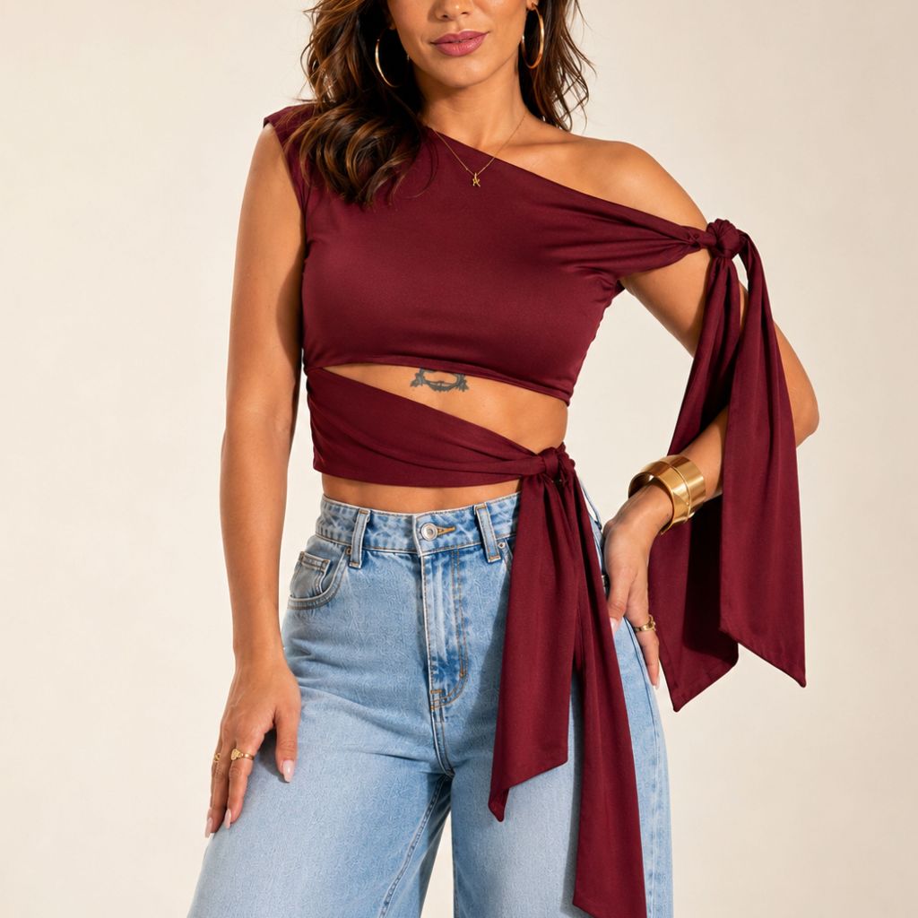 Blusa Cropped Feminina Top Amarração Moderna Estilosa Tendência Moda Casual Dia a Dia Wide