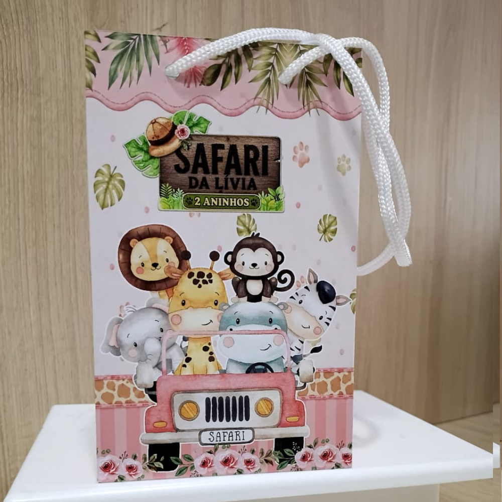 Sacolinha Personalizada Safari  Rosa menina Pegue e Monte | Sacolinha Surpresa Lembrancinha Festa Infantil Safari Leão