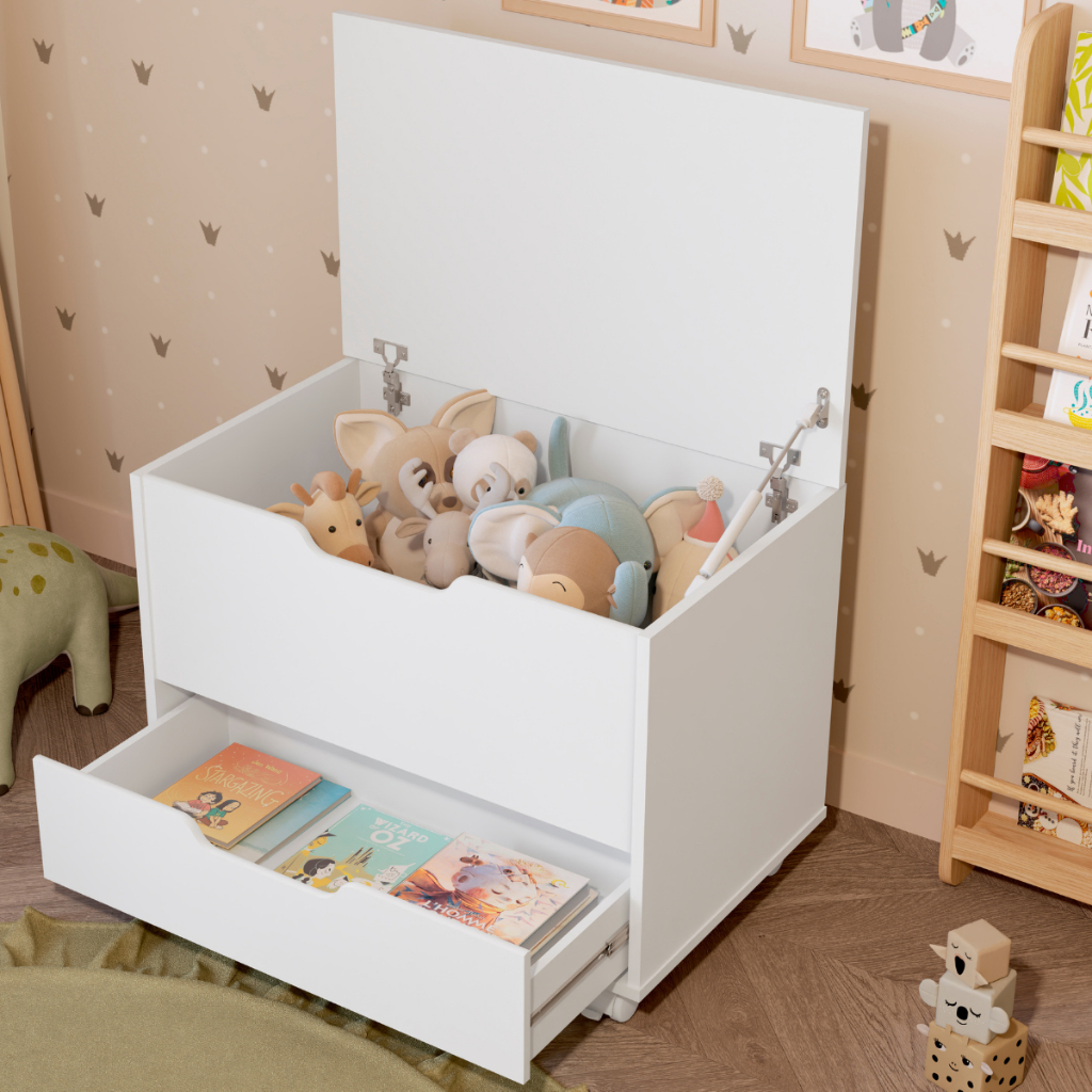 Baú Organizador de Brinquedos e Multiuso com Gaveta para Quarto infantil Moderno Decorativo Rodízios - CORES.