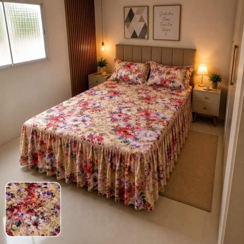 Kit Colcha Cobre Leito Casal Box com babado Franzido Em Pregas 2,40m x 2,50m Micro percal C/ 3 Peças  Toque De Algodão