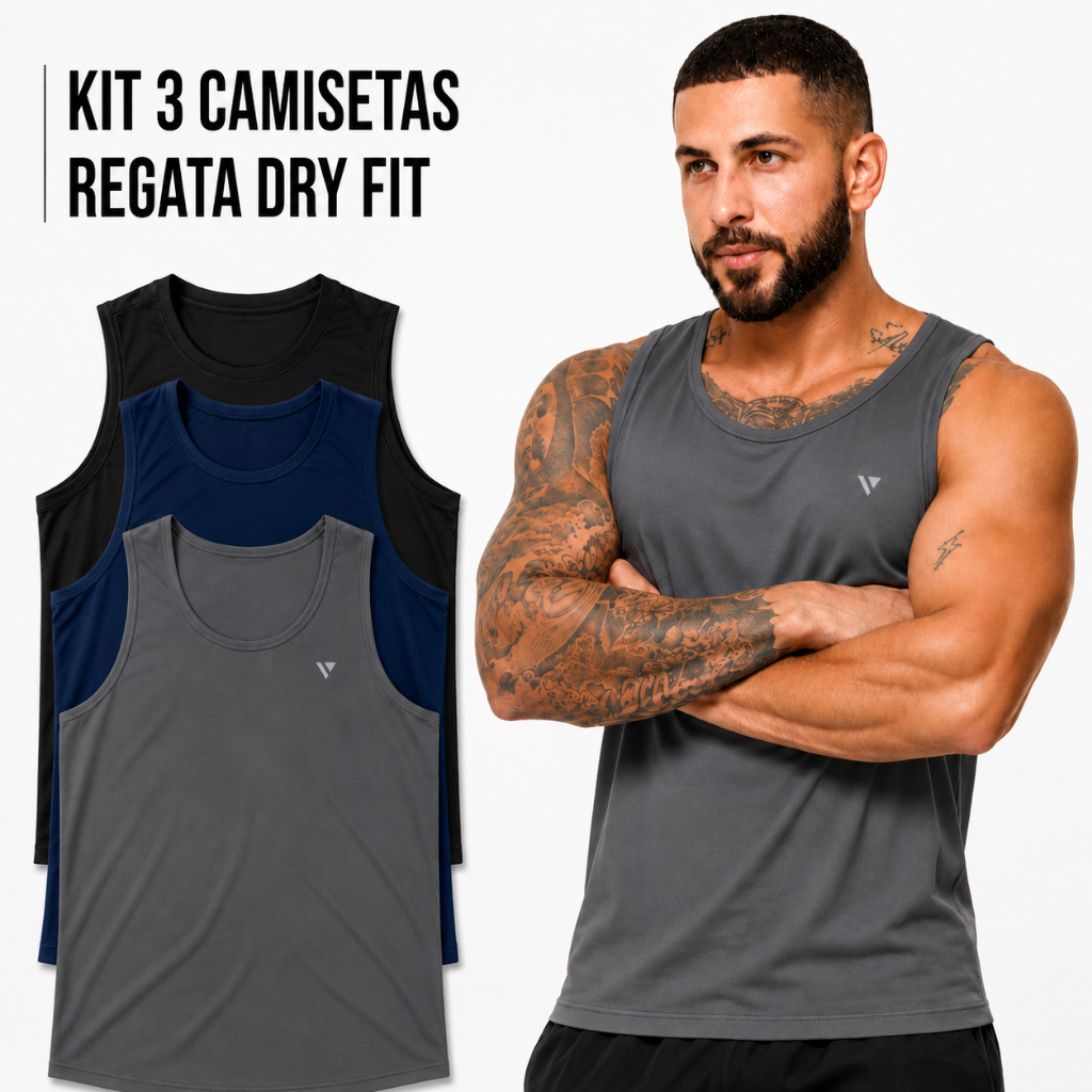 Kit 3 Camisetas Regata Masculina Dry Fit Confortável Esportiva Voker Original - Promoção !
