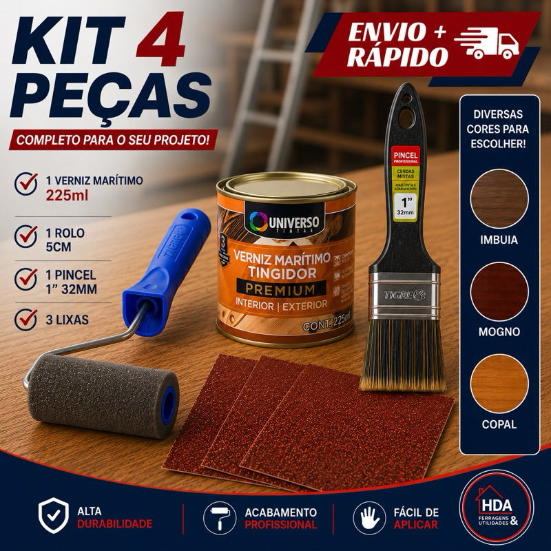 Kit Pintura Verniz Tingidor 225ml Completo Com Pincel 1 Polegada Rolo 5cm e 3 Lixas Ideal Para Madeira