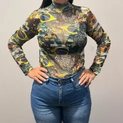 Blusa Manga Longa Com Gola Alta em Tecido Tule Preta Com Estampa Varejo Roupas Femininas