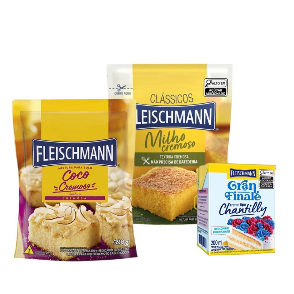 Kit Fleischmann Mistura Bolo Coco Cremoso 390g + Milho Cremoso 390g + Gran Finale Chantilly 200ml