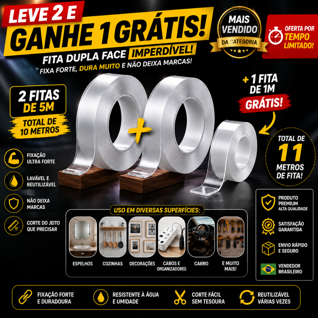 Fita Dupla Face Nano Transparente Kit 2 Unidades 5m + 1m