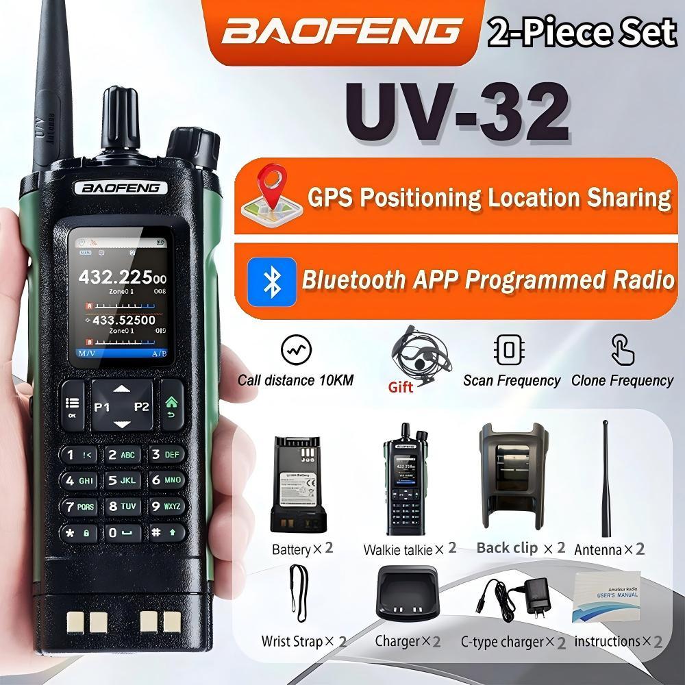 Baofeng UV-32 Walkie Talkie 10W com GPS Bluetooth, 1000 canais, carregamento USB-C, rádio portátil para fazenda 1/2 pcs