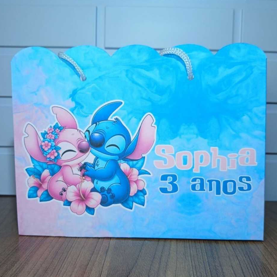 Sacolinha Personalizada Stitch e Angel Aniversário Infantil Mimos e Lembrancinhas para Festa (TAMANHO M)