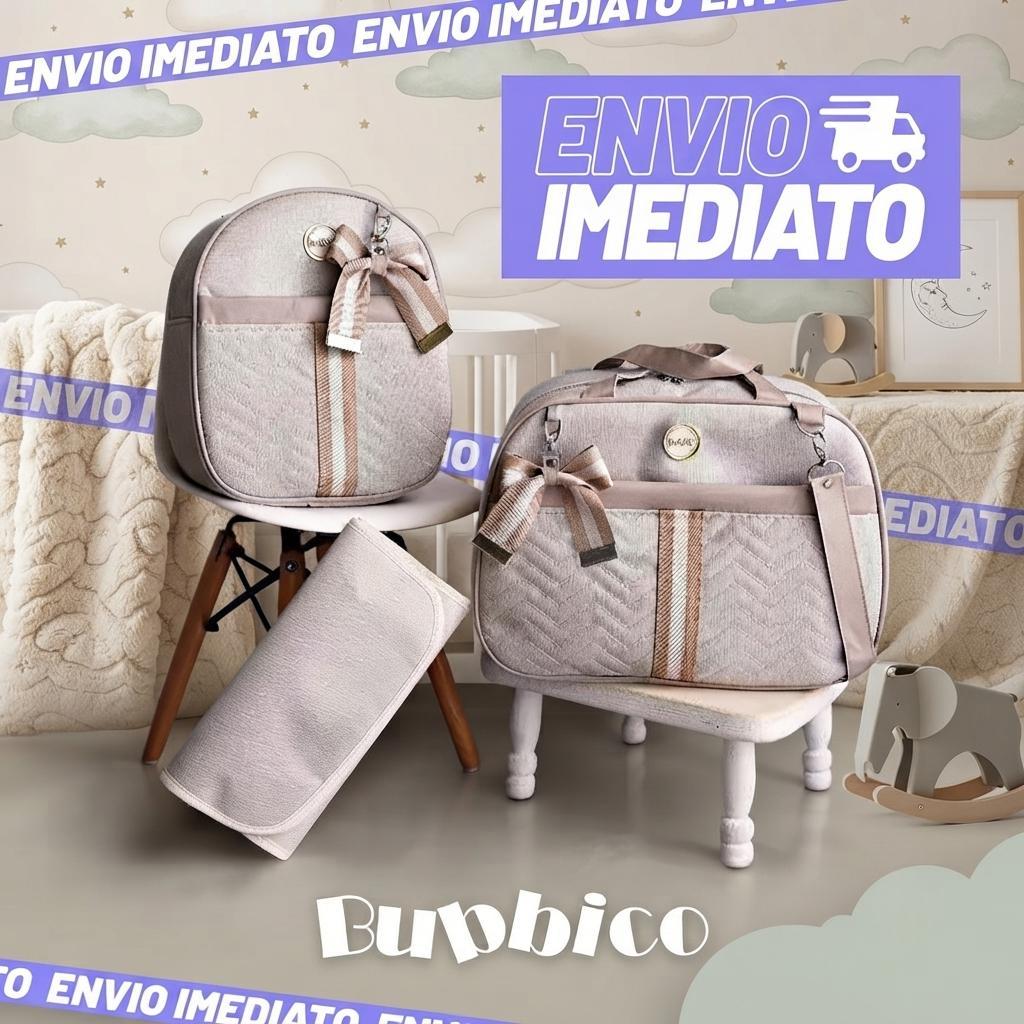 Kit Bolsa Maternidade De Linho com Faixa e Lacinho 3 peças Térmica e Impermeável BUBBICO