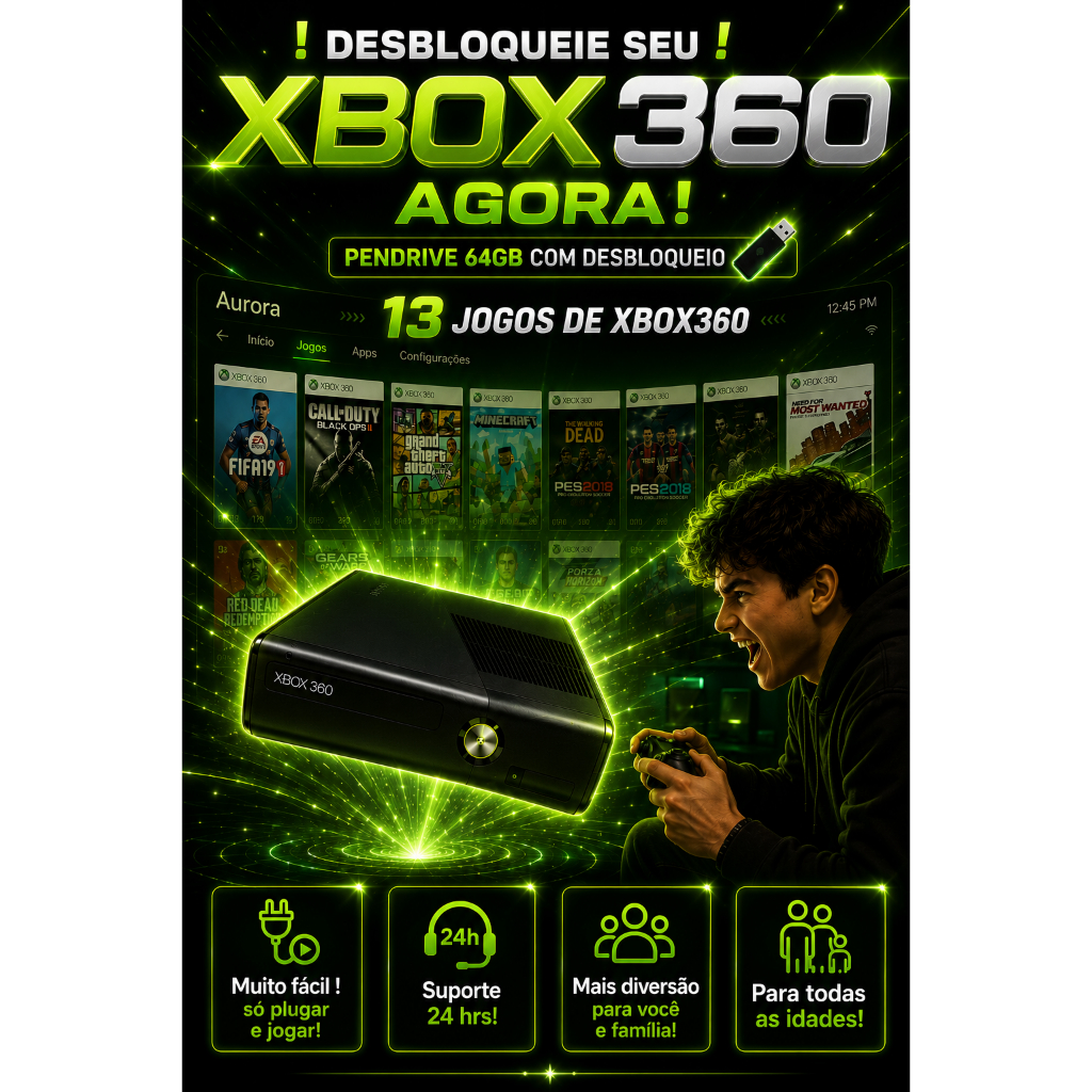 PENDRIVE C/ DESBLOQUEIO RGH 64GB RECHEADO DE JOGOS PARA XBOX 360 13 JOGOS MINECRAFT GTA5 E MUITO MAIS DEBLOQUEAR XBOX360