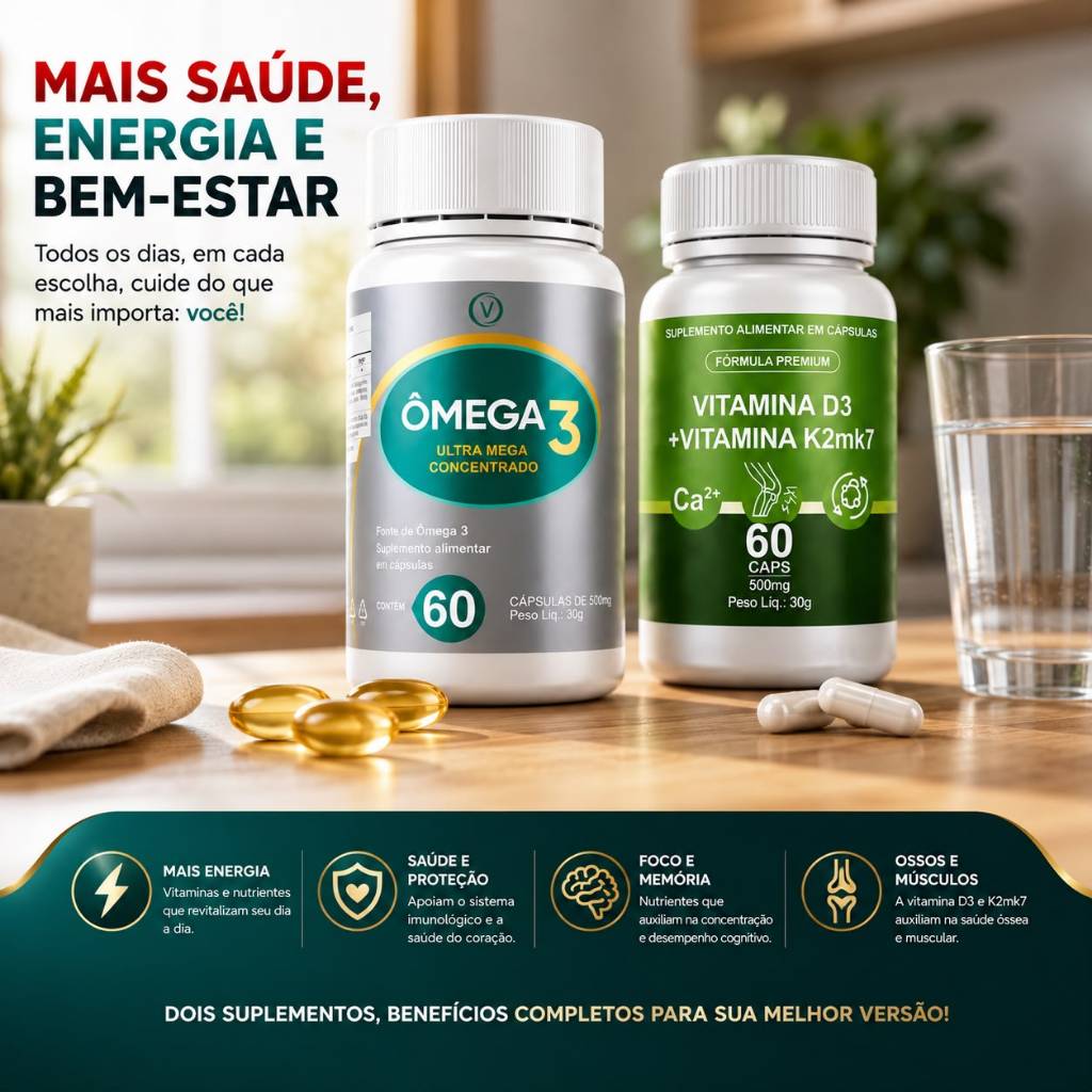 Kit Ômega 3 + Vitamina D3 K2 MK7 60 Cápsulas Imunidade Ossos Energia Saúde Premium