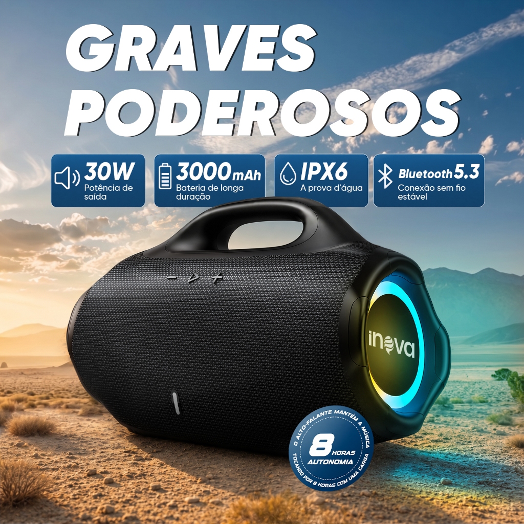 INOVA Caixa de Som Bluetooth 30W Potente IPX6 RGB TWS Bateria 3000mAh 8h Portátil USB TF