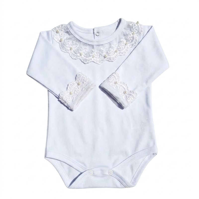 Body Bebê Suedine Premium 100% Algodão Com Rendas e Perolas. Saída Maternidade / Cor: Branco