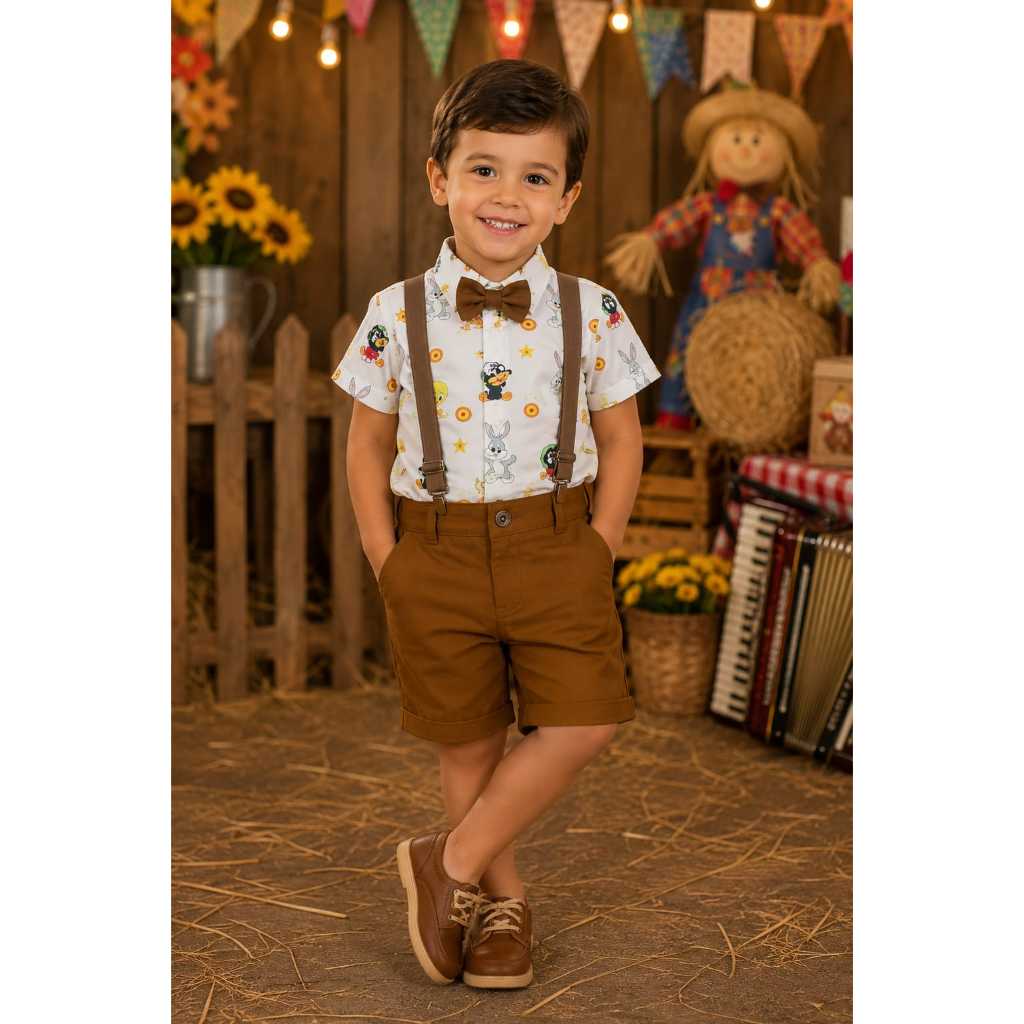 Conjunto Menino Luxo Temático Looney Tunes Baby + Bermuda Caramelo (te)