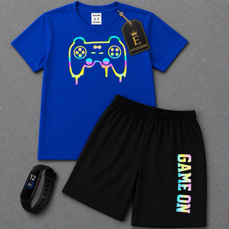 Conjunto Infantil Game On – Camiseta + Bermuda + relógio digital | Estampa Gamer | Confortável e Estiloso