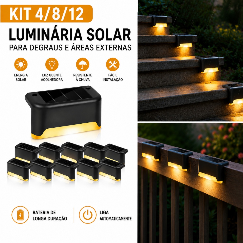 Kit 4/8/12 Luminária Solar LED Parede Escada Jardim Muro Luz Branca Quente À Prova d'Água