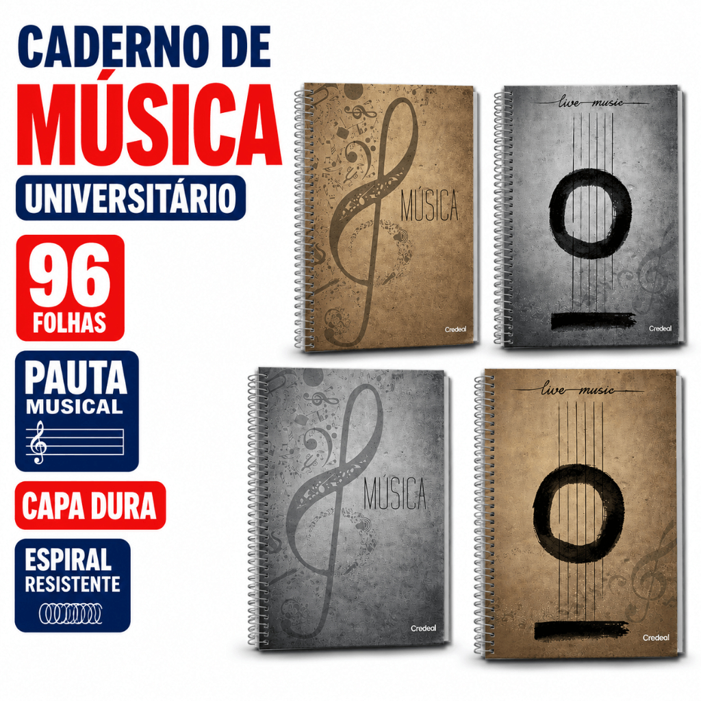 Caderno de Música Universitário Credeal 96 Folhas Pauta Musical + Espiral Resistente, Capa Dura