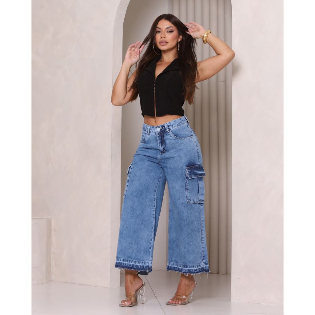 Calça Jeans Pantacourt Cargo Cintura 100%Algodão tendência 2026. — imagem 2 de 2
