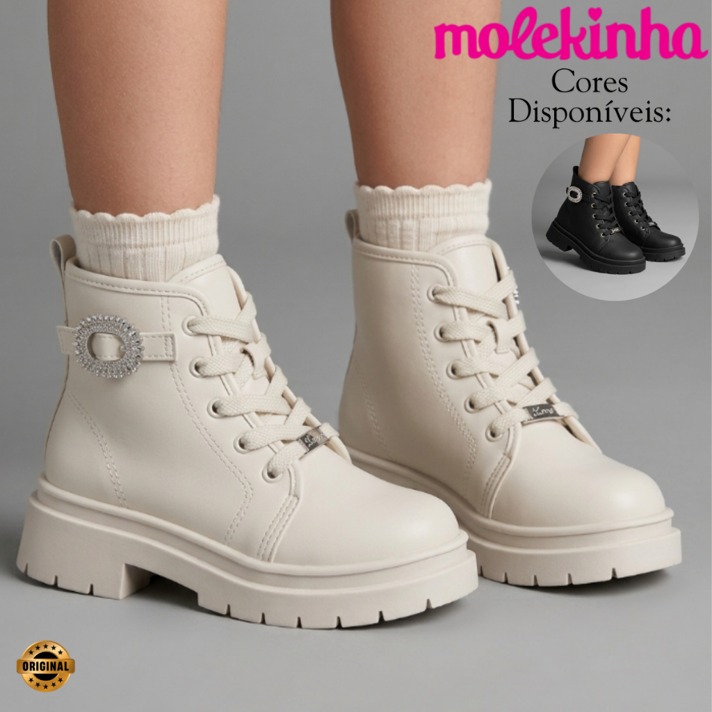 Bota Molekinha Infantil Meninas Estilo Coturno Solado Tratorado Confortável Calce Fácil Original