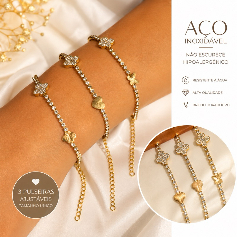 Pulseira Feminina Aço Inoxidável 316L com Strass Brilhante Ajustável Ouro e Prata Antialérgica