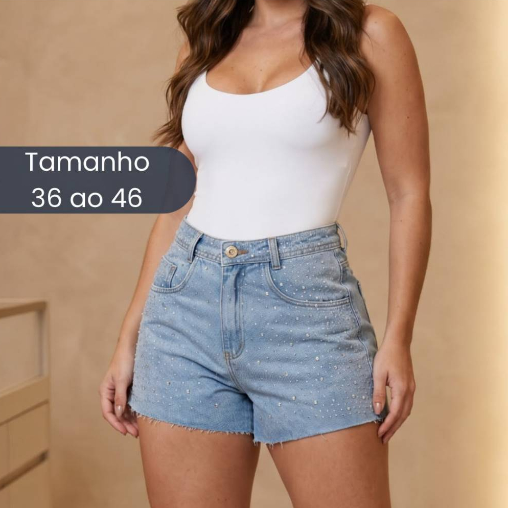 Short Jeans Feminino Cintura Alta Barra Desfiada Com Brilhos 100% Algodâo