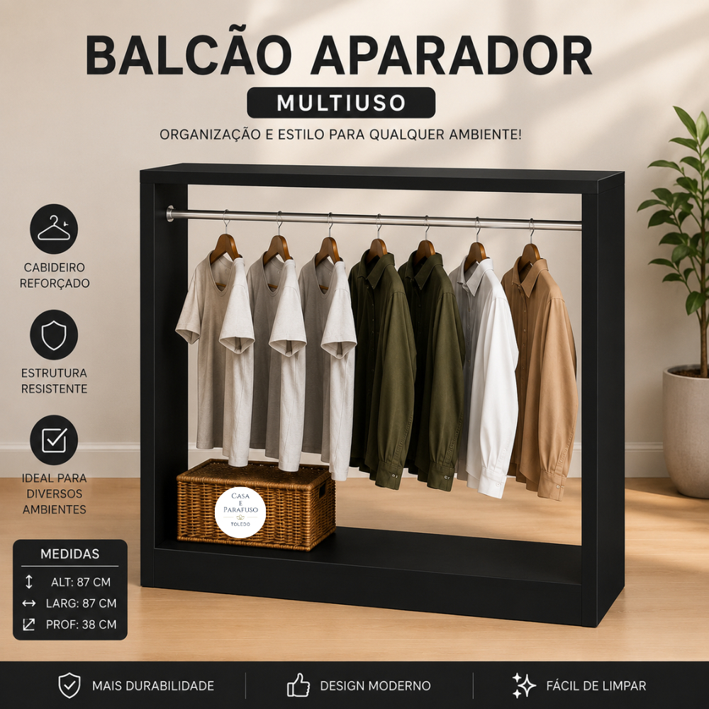 Balcão Aparador Expositor de Roupas com Cabideiro Cromado Multiuso Loja Closet 87x87x38 cm -81