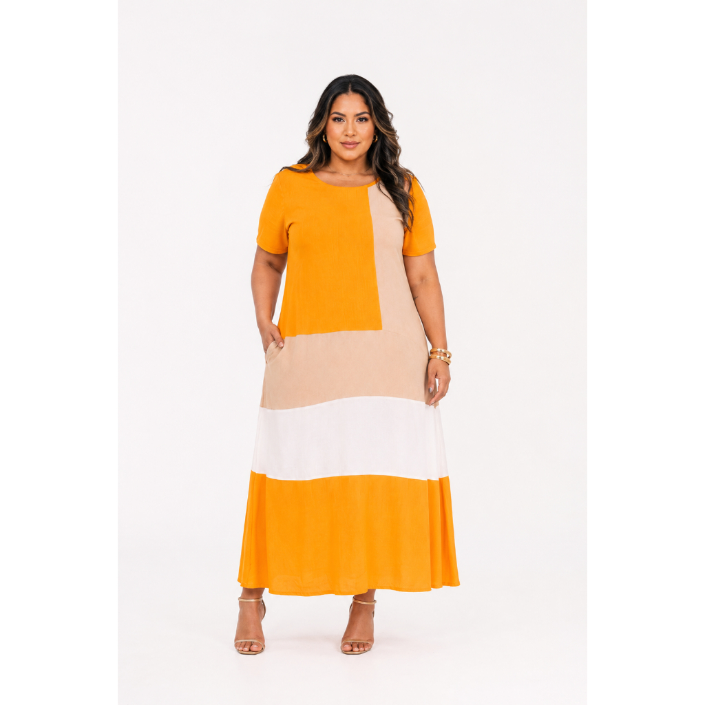 Vestido Manga Curta Longo Feminino  Plus Size Tecido ViscoLinho Elegante Forrado Confortável Moda Verão