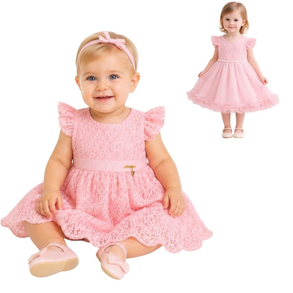 Vestido Bebê A 4 Anos Festa Tulle Com Renda Cinto Pérolas MesVersário Ensaio Fotográfico Rosa