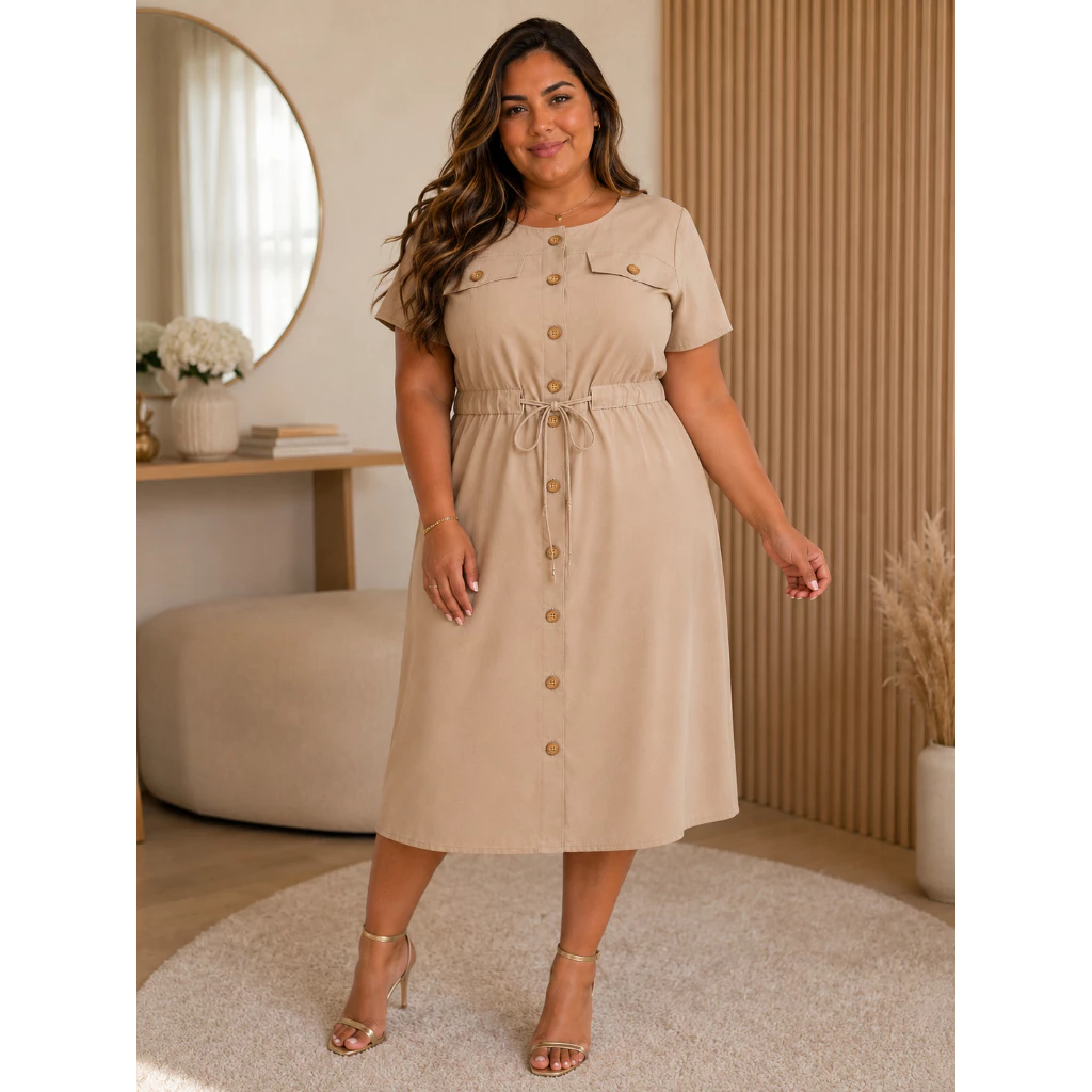 Vestido Chemise Plus Size Midi Feminino Moda Evangélica Elegante Casual Confortável Botões Manga Curta Tendência — imagem 1