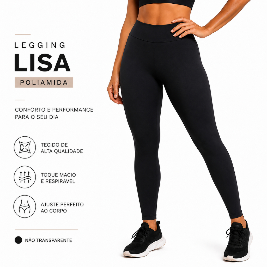Legging Feminina Lisa Poliamida Cós Alto Academia Fitness Sem Transparência Confortável Modeladora