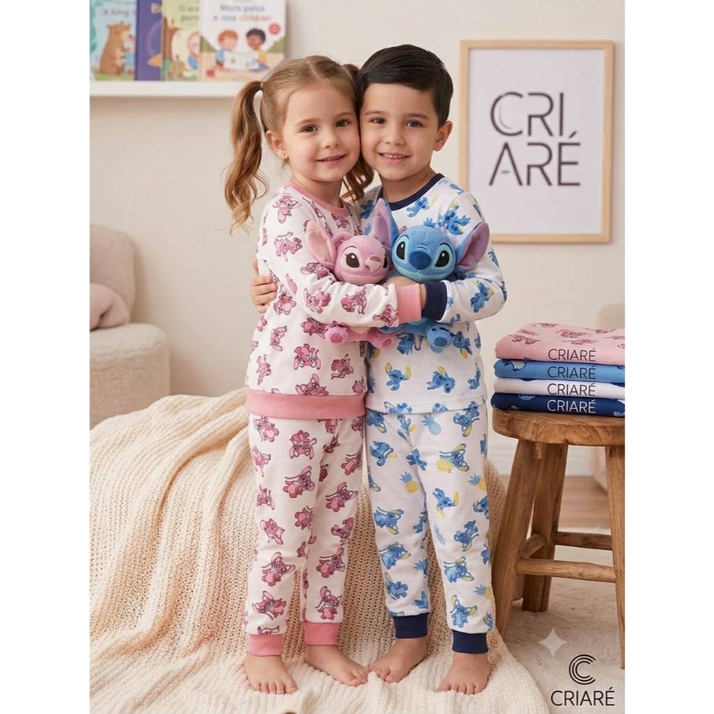 Pijama Infantil Stitch Rosa e Azul – Manga Longa