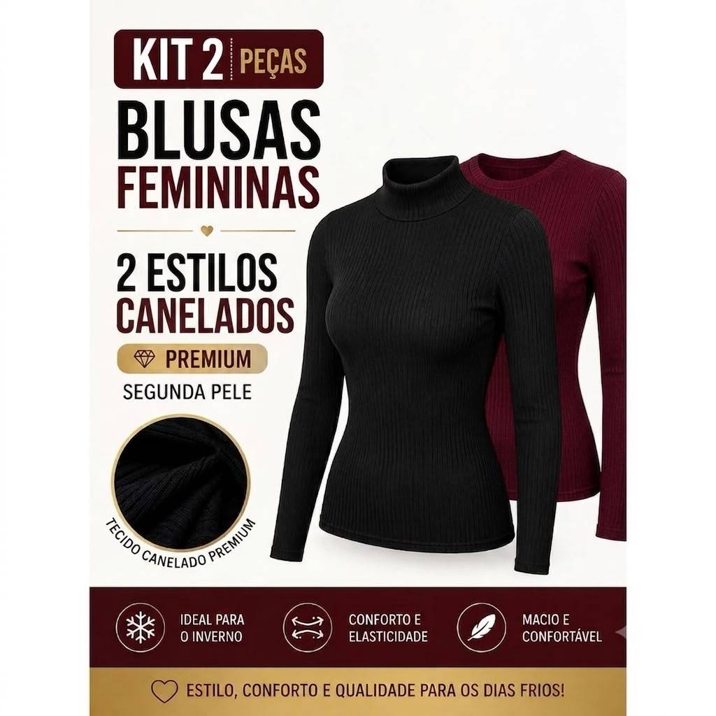Kit 2 Blusas Femininas Cacharrel Canelada Gola Alta Manga Longa Segunda Pele Premium Inverno