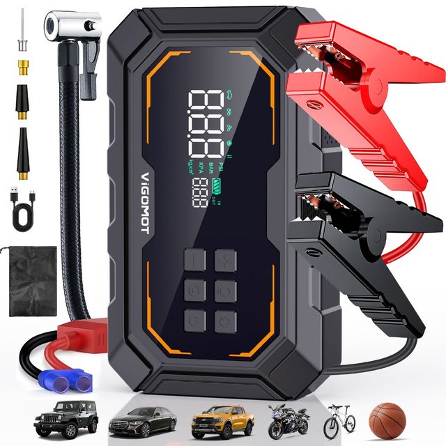 VIGOMOT Auxiliar de Partida Veicular 4 em 1 Com Compressor Digital, 6000mAh, 1000A de Pico e Power Bank