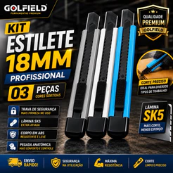 Kit Estilete Profissional 18mm Golfield Com Trava Lâmina SK5 Extra Corpo EM ABS Reforçado Multiuso
