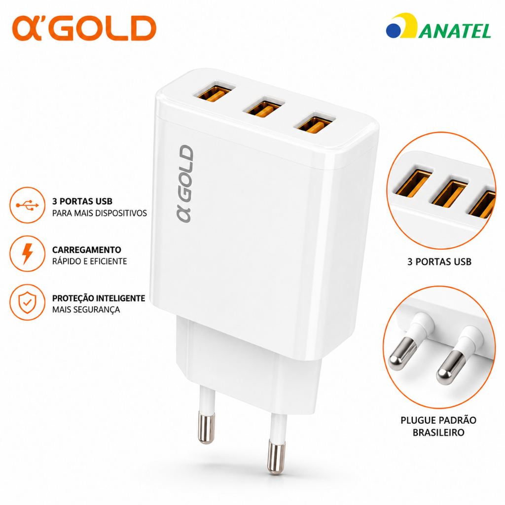 Fonte Carregador de Celular 3 Entradas USB Tomada 5.1 Turbo