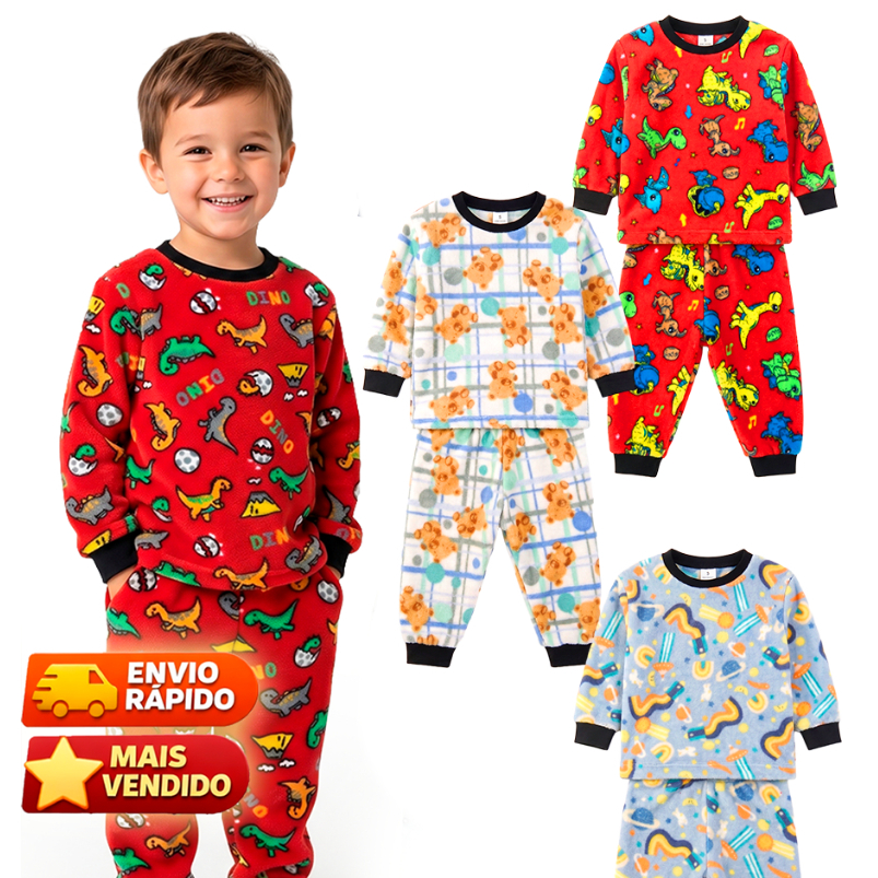 Kit 2 Peças Pijama Peluciado Infantil Menino - Quentinho e Aconchegante - 1 a 9 anos - Estampas Divertidas