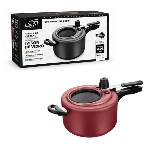 Panela De Pressão Superior Com Visor de Vidro Fechamento Interno 3 Litros Cereja Original - MTA