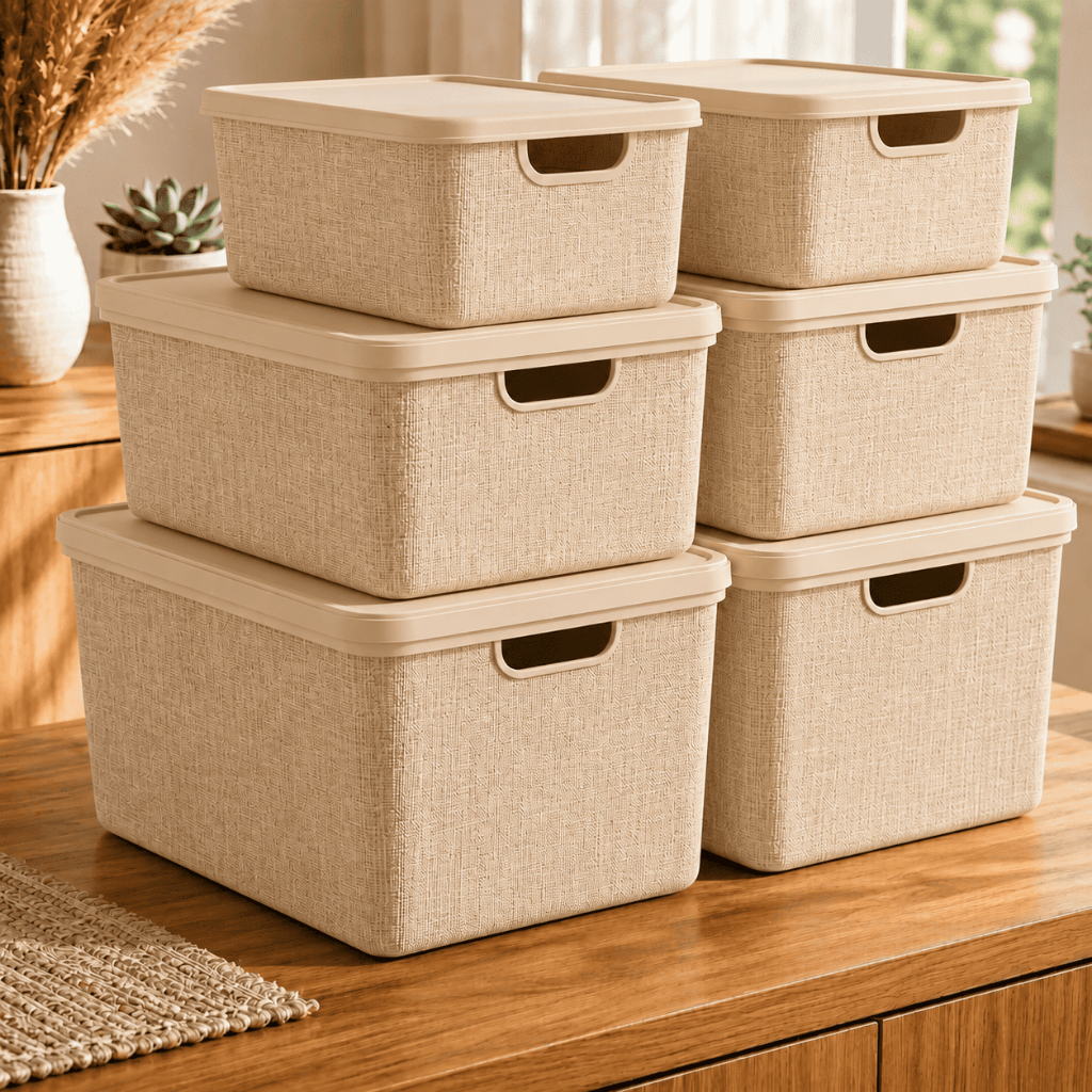 Kit 6 Caixas Organizadoras com Tampa 5L 15L e 22L Rattan Empilháveis Guarda Roupa