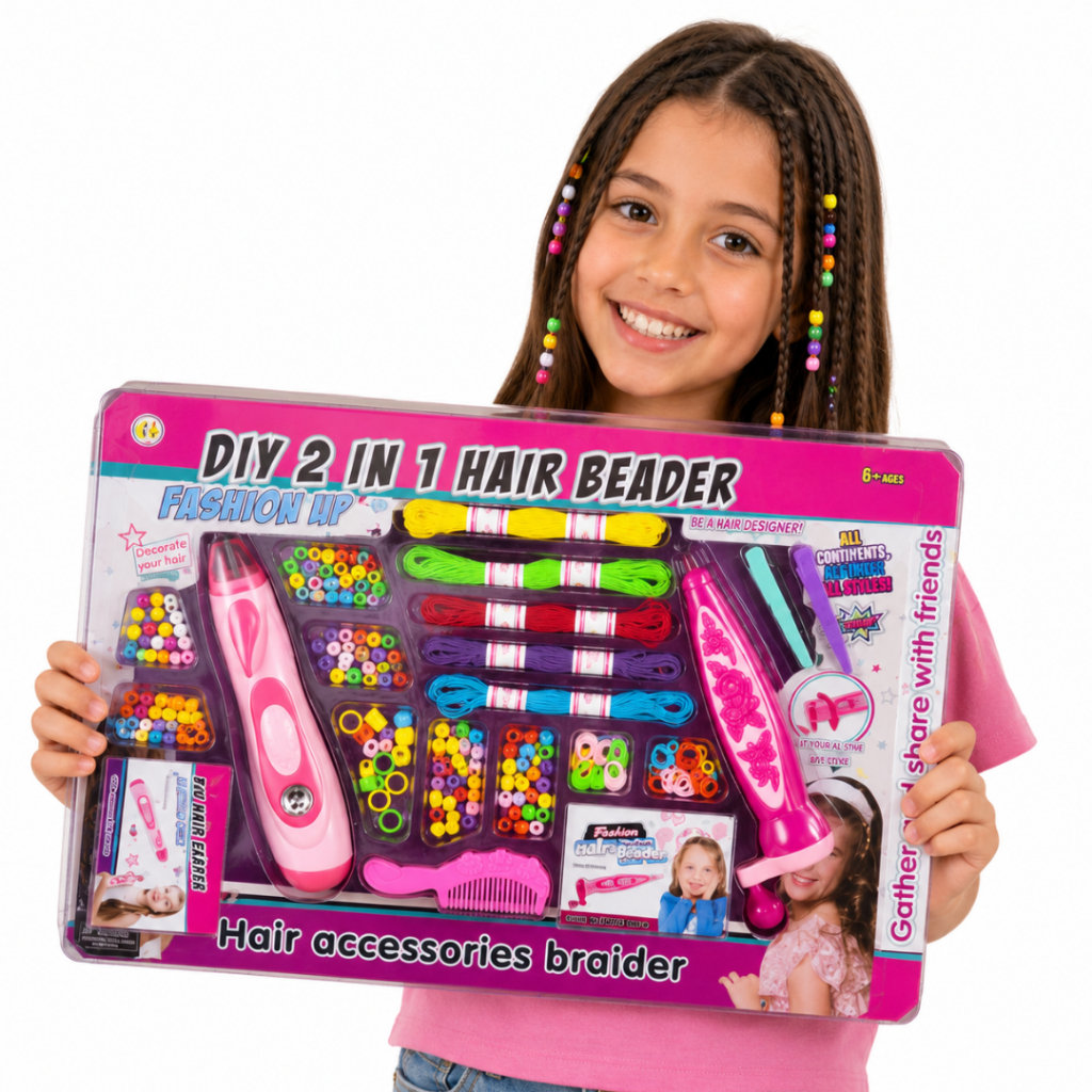 Kit Trançador de Cabelo Infantil 2 em 1 DIY Aplicador de Miçangas Tererê Contas Coloridas Fazer Tranças Penteado Menina