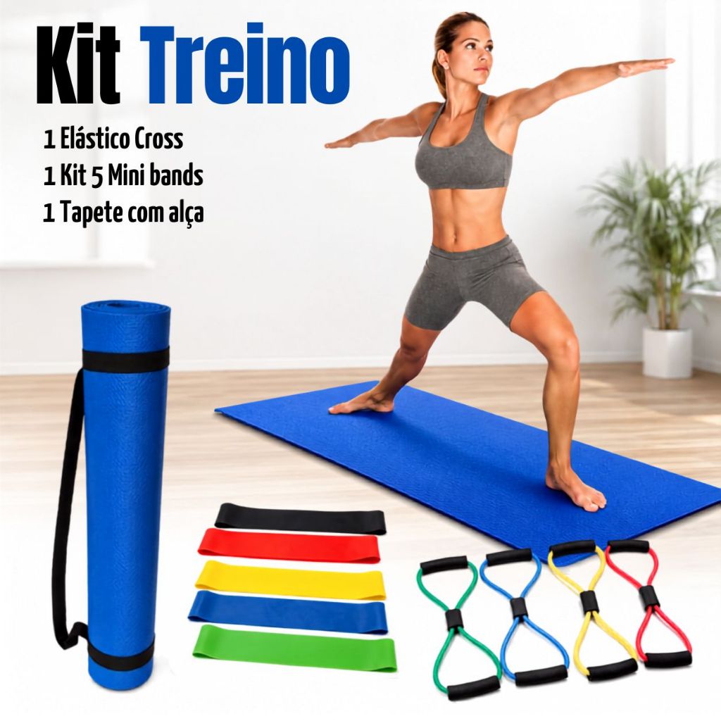 Treino Completo  5 Faixas Mini Bands Tapete Yoga Pilates E Elástico Extensor Cross