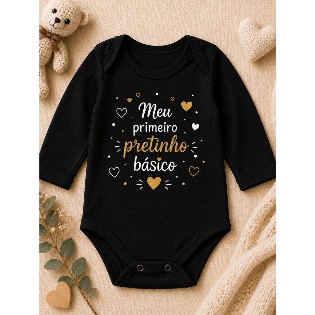 Body Infantil Algodão Manga Longa Meu Primeiro Pretinho Básico Moda Bebê RN Básico