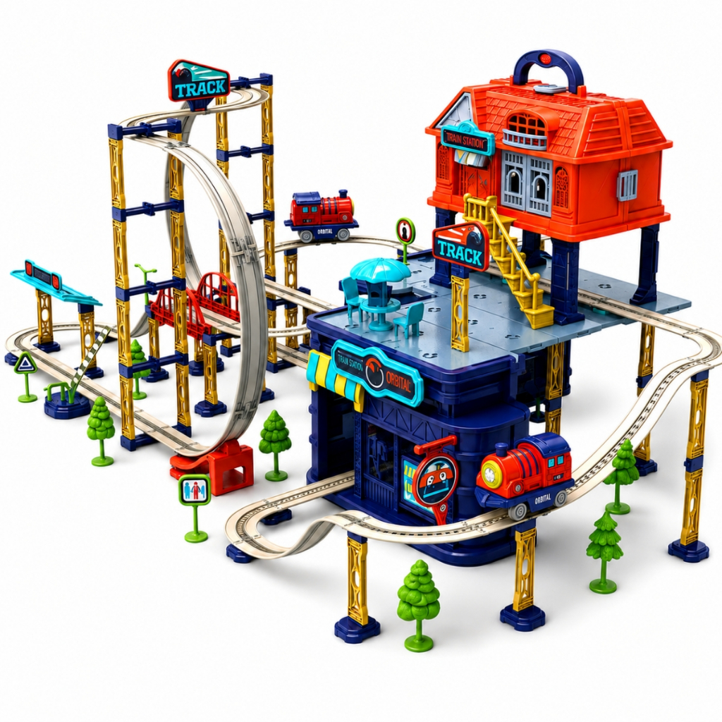 Brinquedo de Montar Pista e Estação de Trem Premium 2 em 1 C/ Som Castela