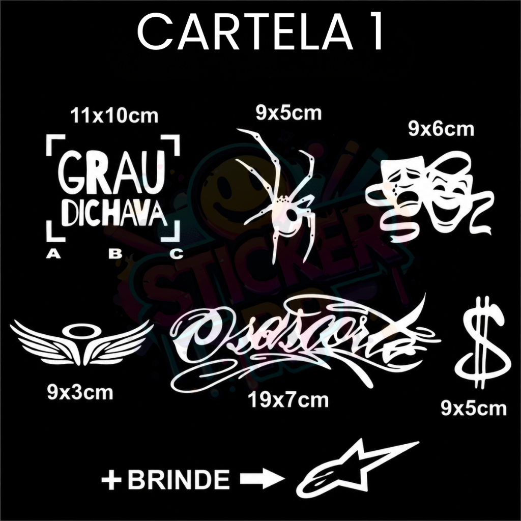 Cartela de Adesivos Grau para Moto Bike e Carro Grau Dichava Osascorte Aranha Anjo Chora Agora Cifrão