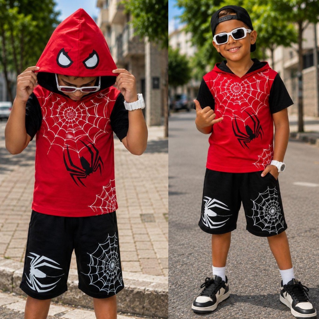 Conjunto Infantil Menino Aranha Lançamento Camisa Bermuda Roupa Menino Veste 2 ao 10 anos