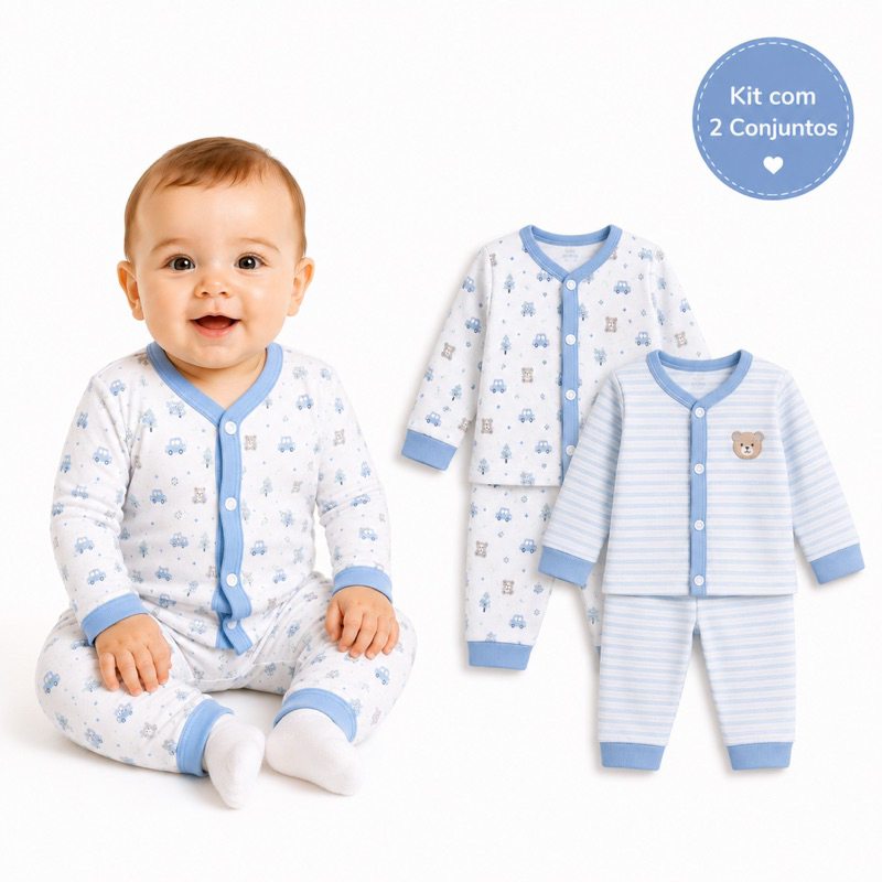 Kit 2 Pijamas Bebê Menino RN 0 a 6 Meses Algodão Conjunto Manga Longa Inverno Recém Nascido